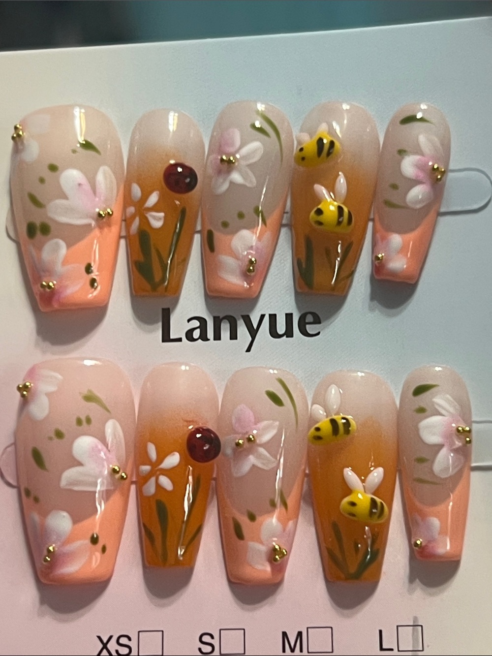 Floral Peach Ombre Press-On Nails with 3D Bees & flowers coffin shape large